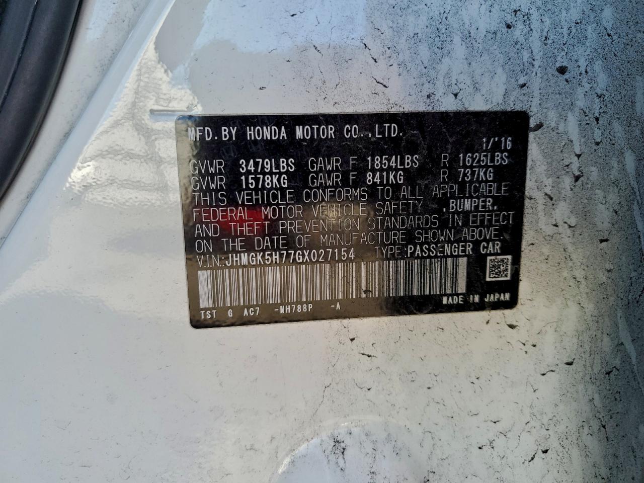 2016 Honda Fit Ex VIN: JHMGK5H77GX027154 Lot: 95766525