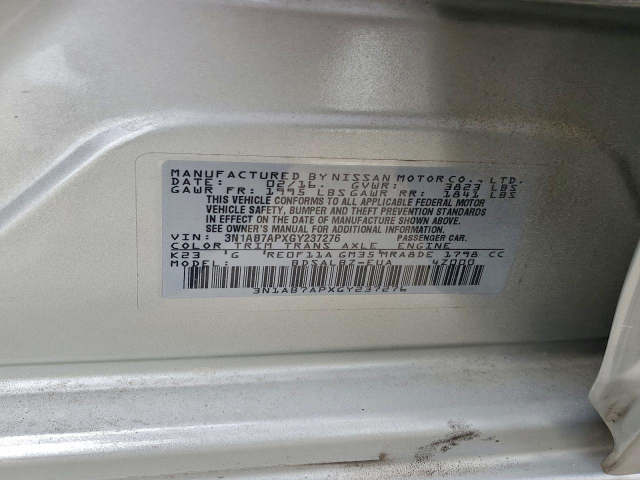 2016 Nissan Sentra S VIN: 3N1AB7APXGY237276 Lot: 94793825