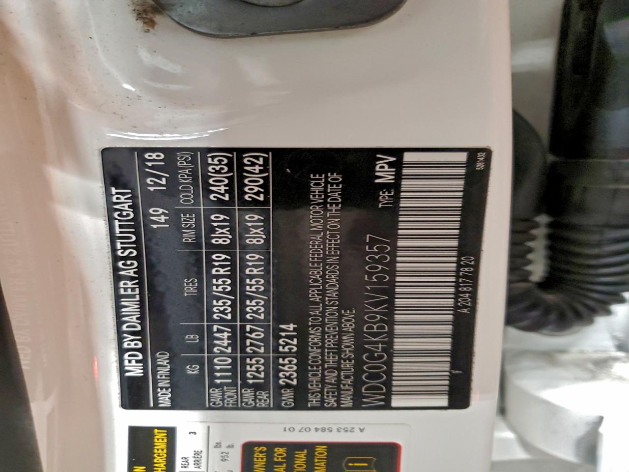 2019 Mercedes-Benz Glc 300 4Matic VIN: WDC0G4KB9KV159357 Lot: 95210015