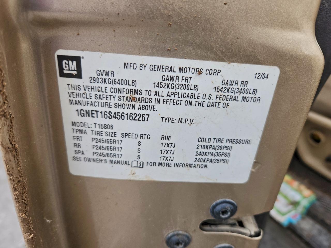 2005 Chevrolet Trailblazer Ext Ls VIN: 1GNET16S456162267 Lot: 94299305