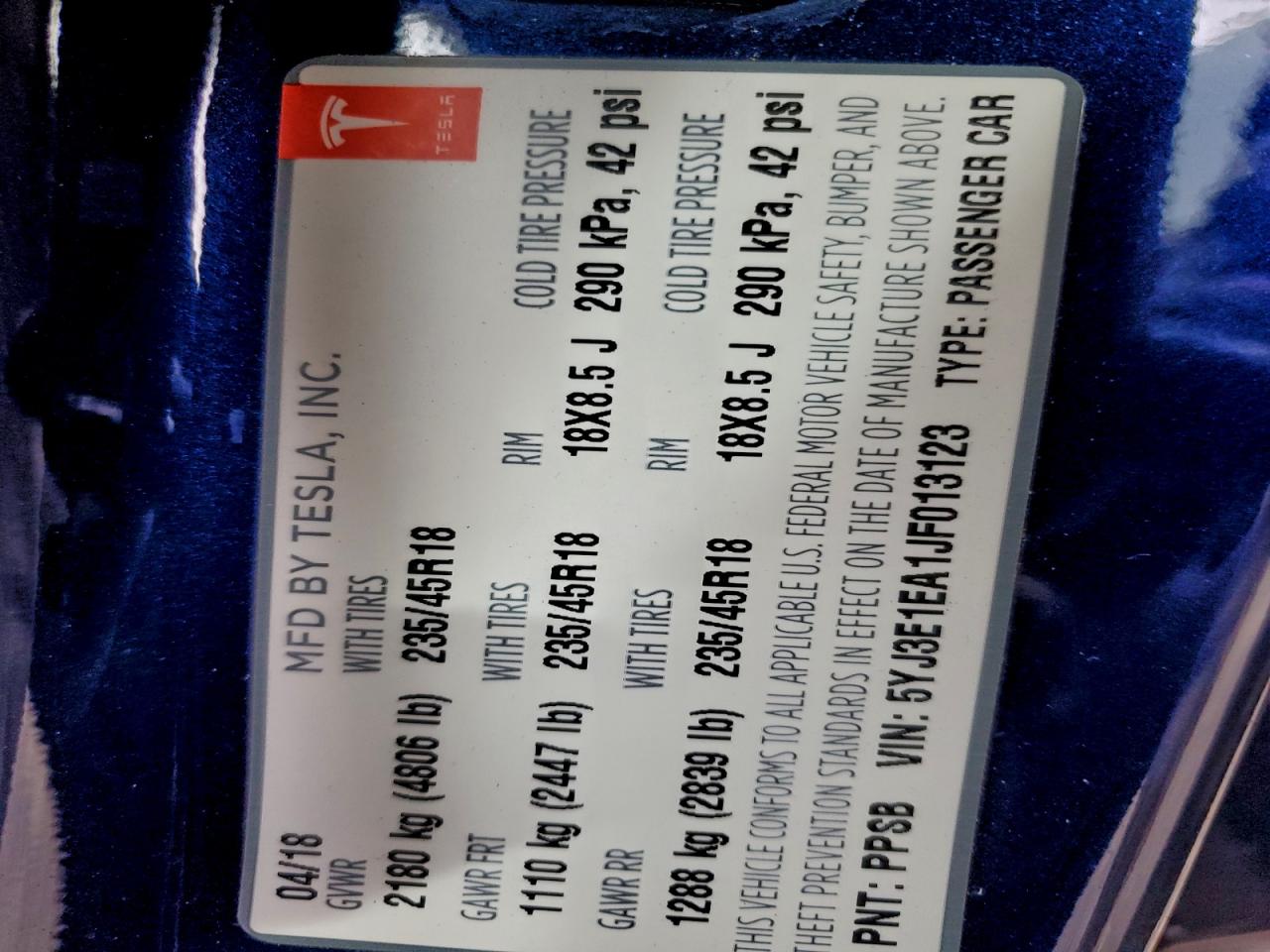 2018 Tesla Model 3 VIN: 5YJ3E1EA1JF013123 Lot: 95905935