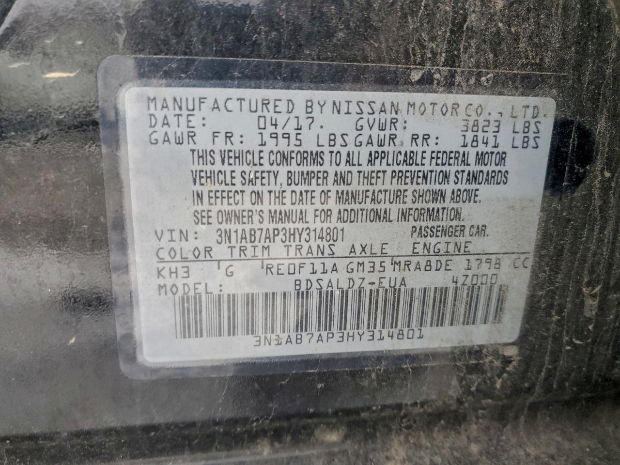 2017 Nissan Sentra S VIN: 3N1AB7AP3HY314801 Lot: 94942225