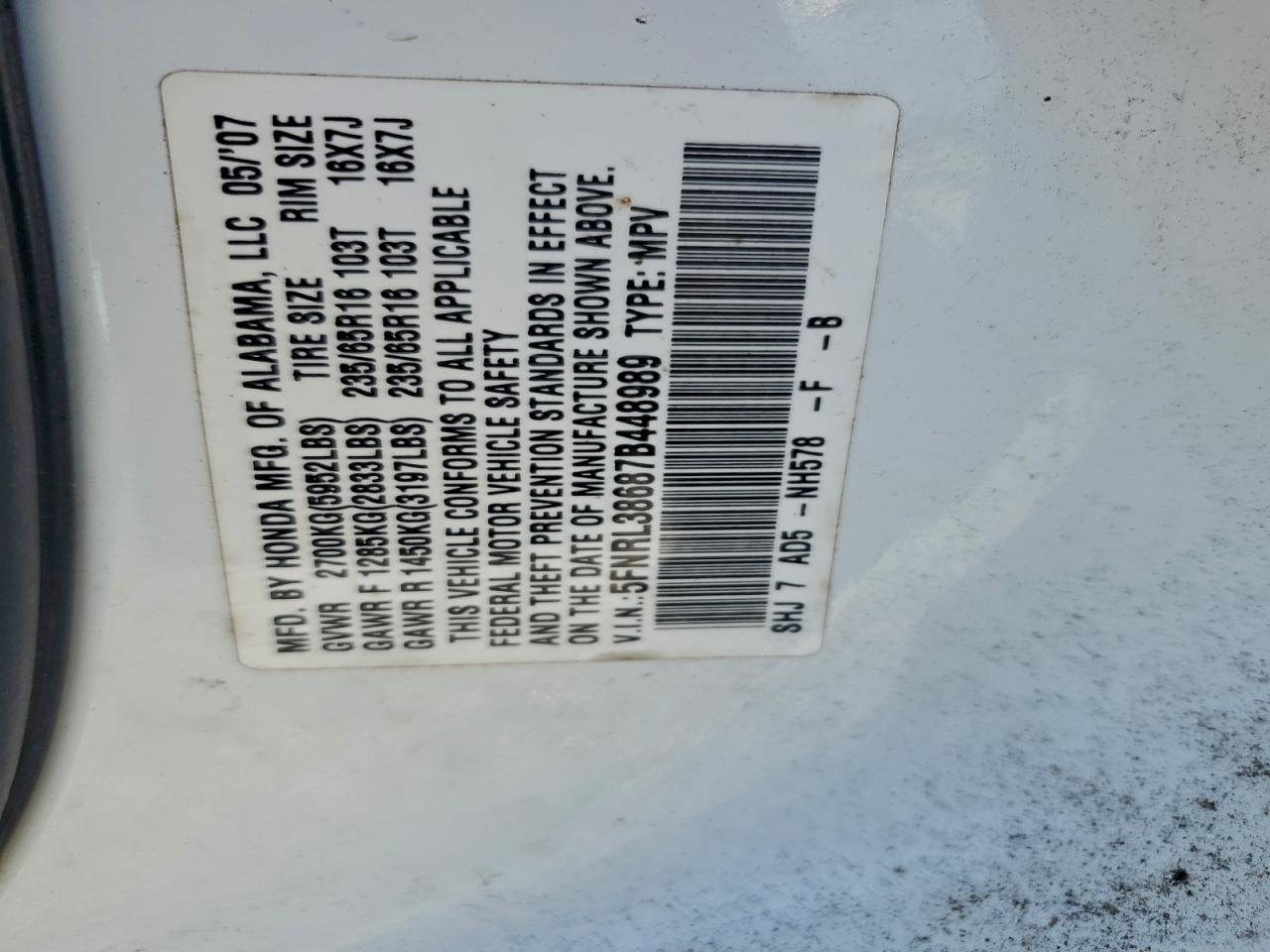 2007 Honda Odyssey Exl VIN: 5FNRL38687B448989 Lot: 95128545