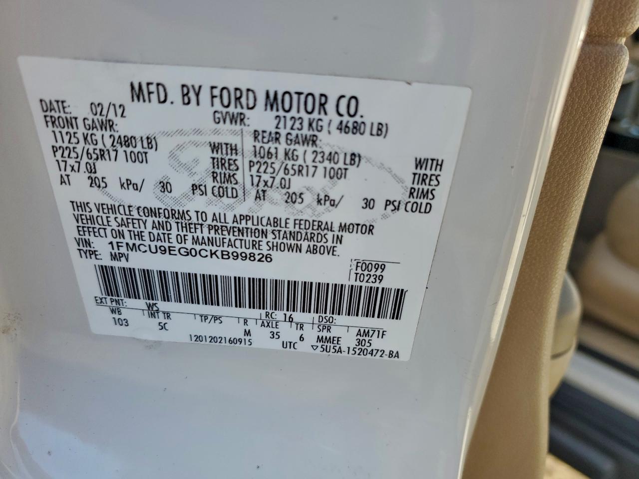 2012 Ford Escape Limited VIN: 1FMCU9EG0CKB99826 Lot: 95107145