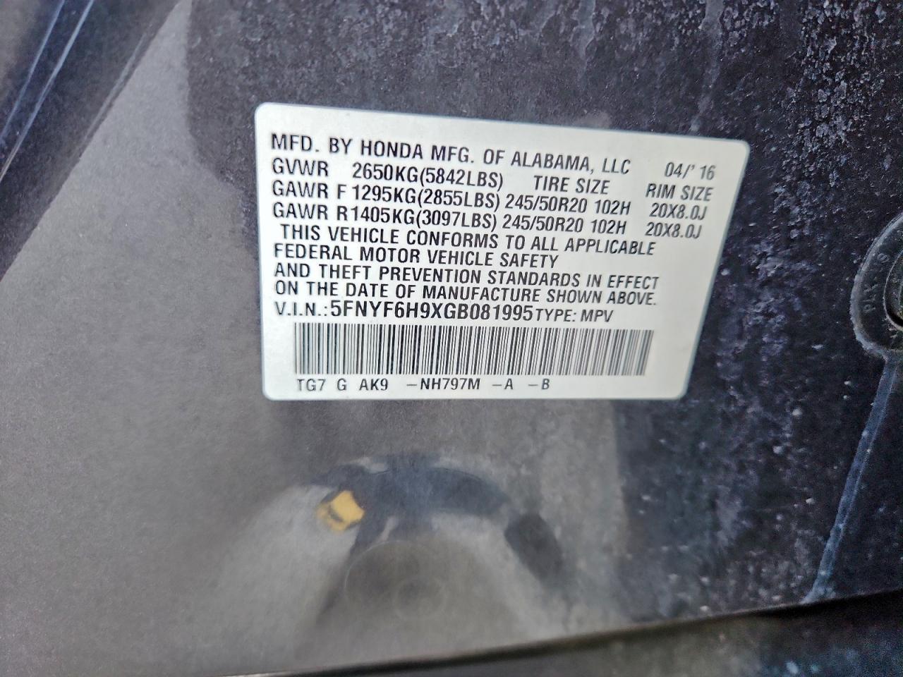 2016 Honda Pilot Touring VIN: 5FNYF6H9XGB081995 Lot: 95556015