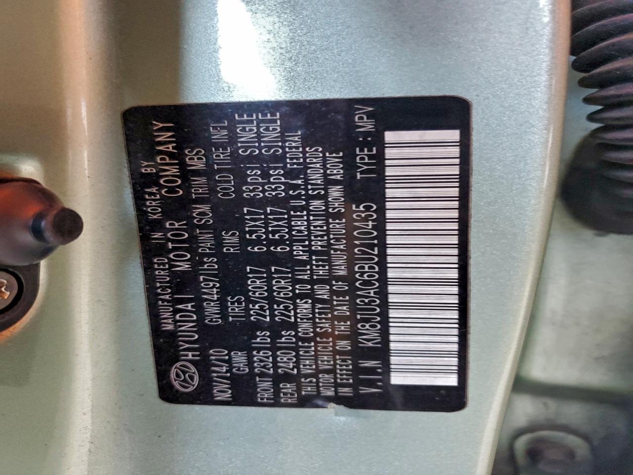 2011 Hyundai Tucson Gls VIN: KM8JU3AC6BU210435 Lot: 95746175