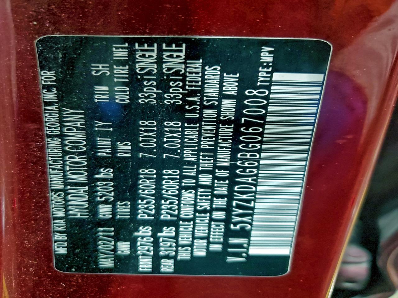 2011 Hyundai Santa Fe Limited VIN: 5XYZKDAG6BG067008 Lot: 94655005