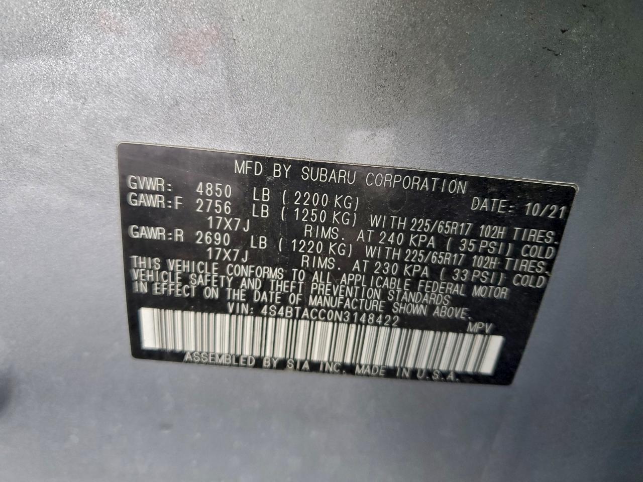 2022 Subaru Outback Premium VIN: 4S4BTACC0N3148422 Lot: 95131285