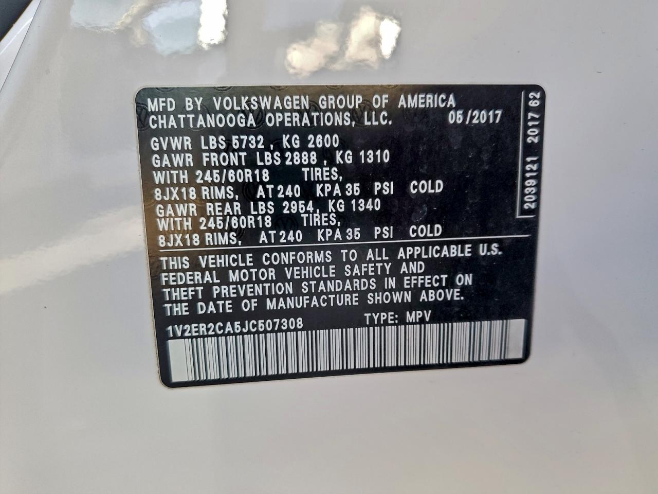 2018 Volkswagen Atlas Sel VIN: 1V2ER2CA5JC507308 Lot: 96543805