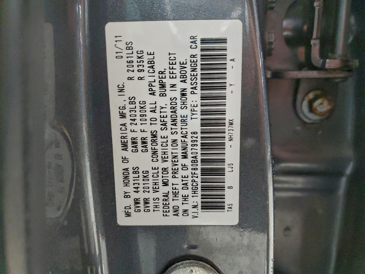 2011 Honda Accord Exl VIN: 1HGCP2F80BA079928 Lot: 94426075