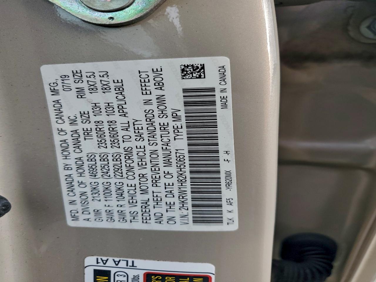 2019 Honda Cr-V Exl VIN: 2HKRW1H82KH506571 Lot: 93933395