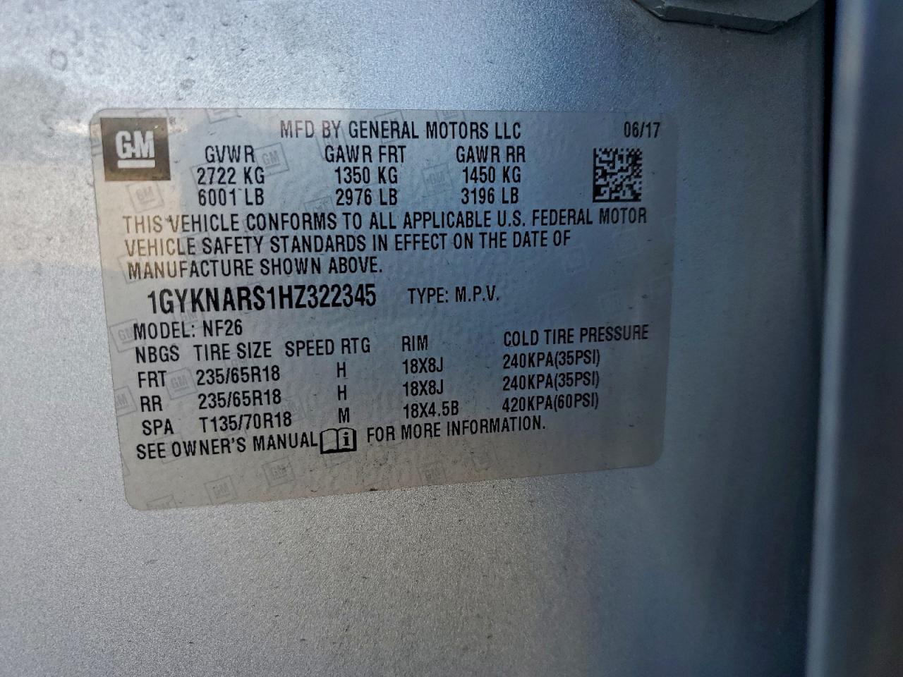 2017 Cadillac Xt5 VIN: 1GYKNARS1HZ322345 Lot: 94879995