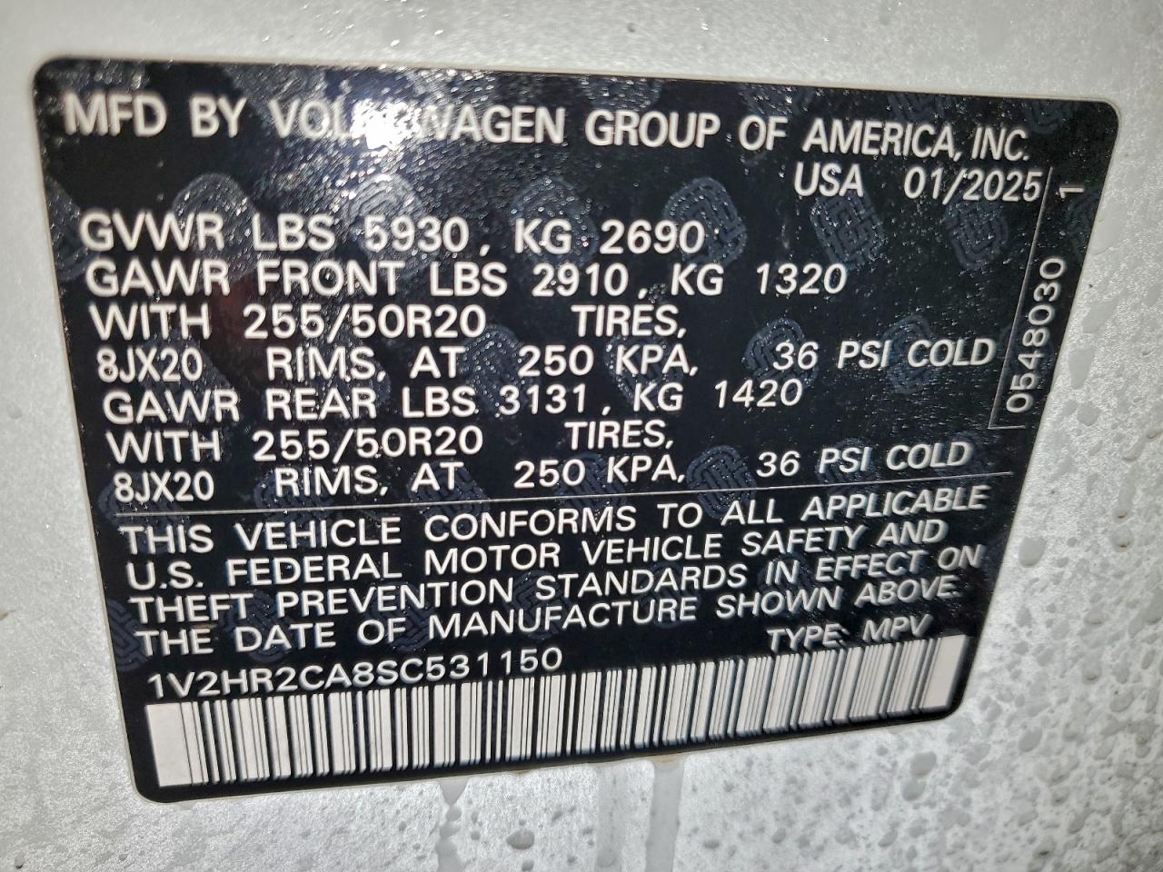 2025 Volkswagen Atlas Se VIN: 1V2HR2CA8SC531150 Lot: 95951955