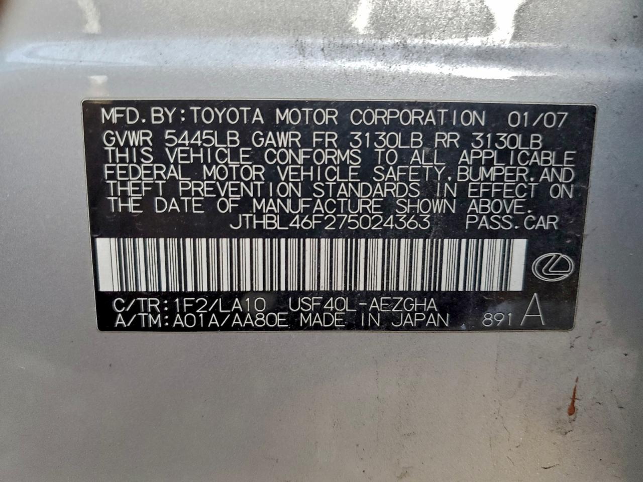 2007 Lexus Ls 460 VIN: JTHBL46F275024363 Lot: 95152115