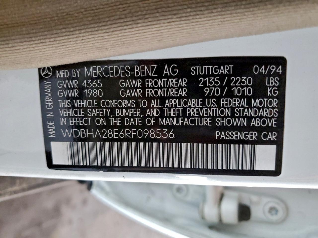 1994 Mercedes-Benz C 280 VIN: WDBHA28E6RF098536 Lot: 96381215