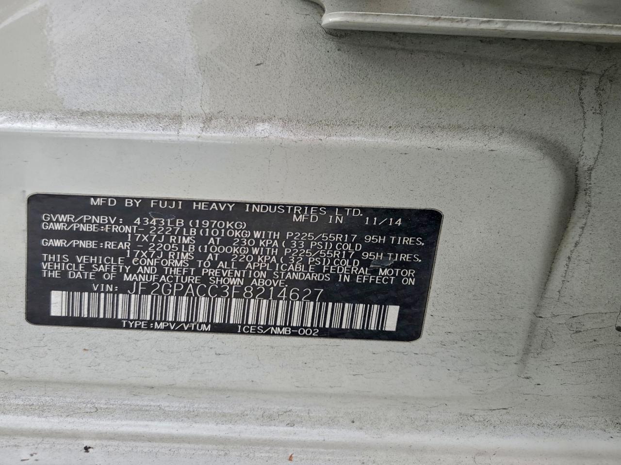 2015 Subaru Xv Crosstrek 2.0 Premium VIN: JF2GPACC3F8214627 Lot: 96836865