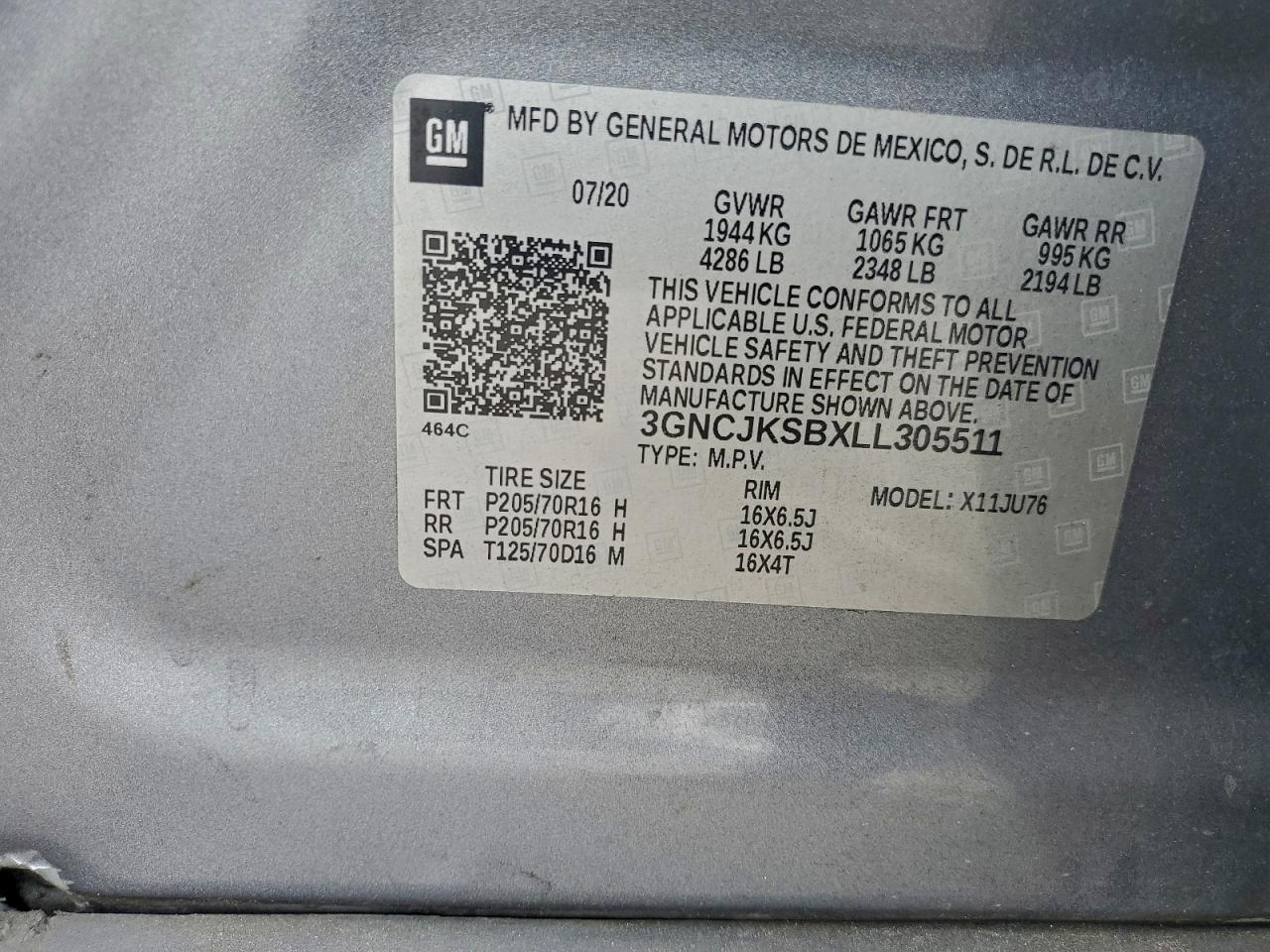 2020 Chevrolet Trax Ls VIN: 3GNCJKSBXLL305511 Lot: 92297895