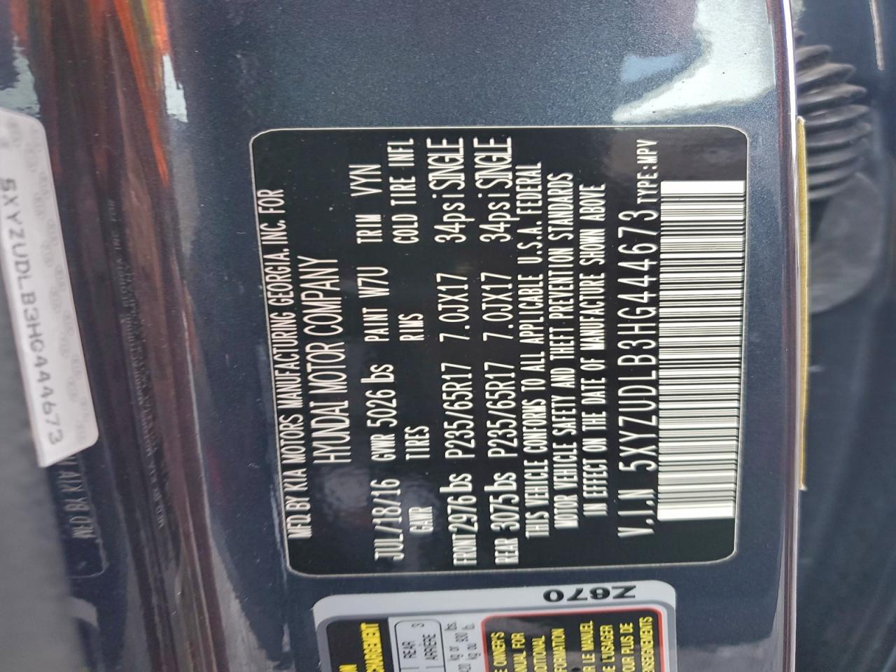 2017 Hyundai Santa Fe Sport VIN: 5XYZUDLB3HG444673 Lot: 95661425