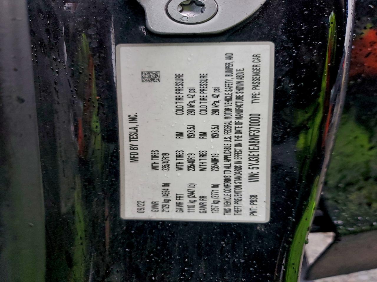 2022 Tesla Model 3 VIN: 5YJ3E1EA8NF370000 Lot: 95893255