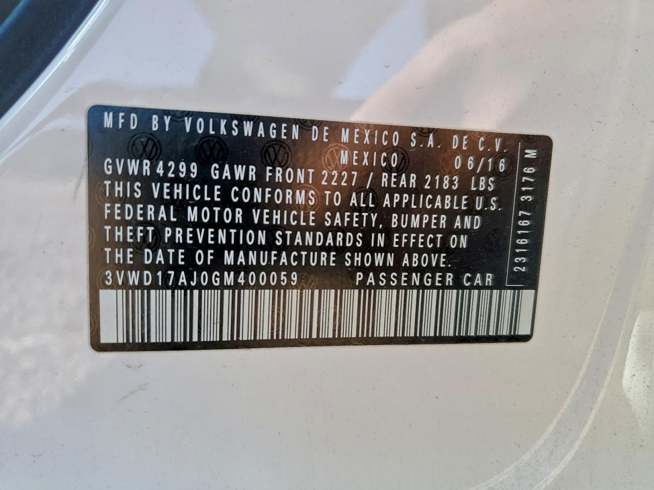 2016 Volkswagen Jetta Sport VIN: 3VWD17AJ0GM400059 Lot: 94171595