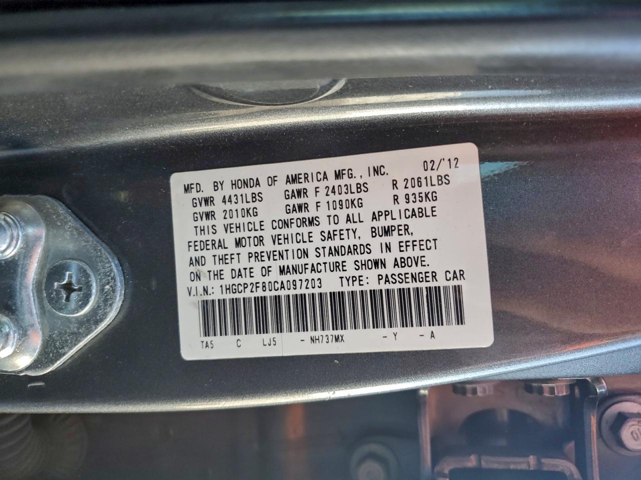 2012 Honda Accord Exl VIN: 1HGCP2F80CA097203 Lot: 96131375