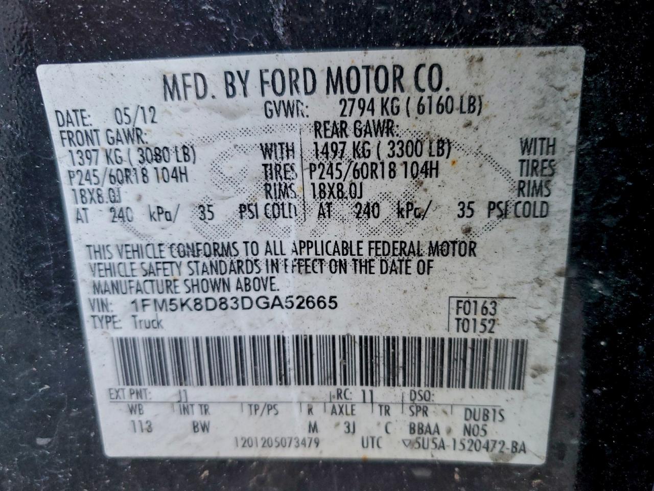 2013 Ford Explorer Xlt VIN: 1FM5K8D83DGA52665 Lot: 94731835