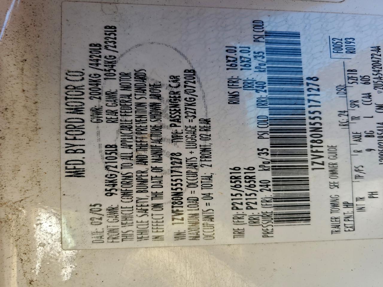 2005 Ford Mustang VIN: 1ZVFT80N555171278 Lot: 95345415