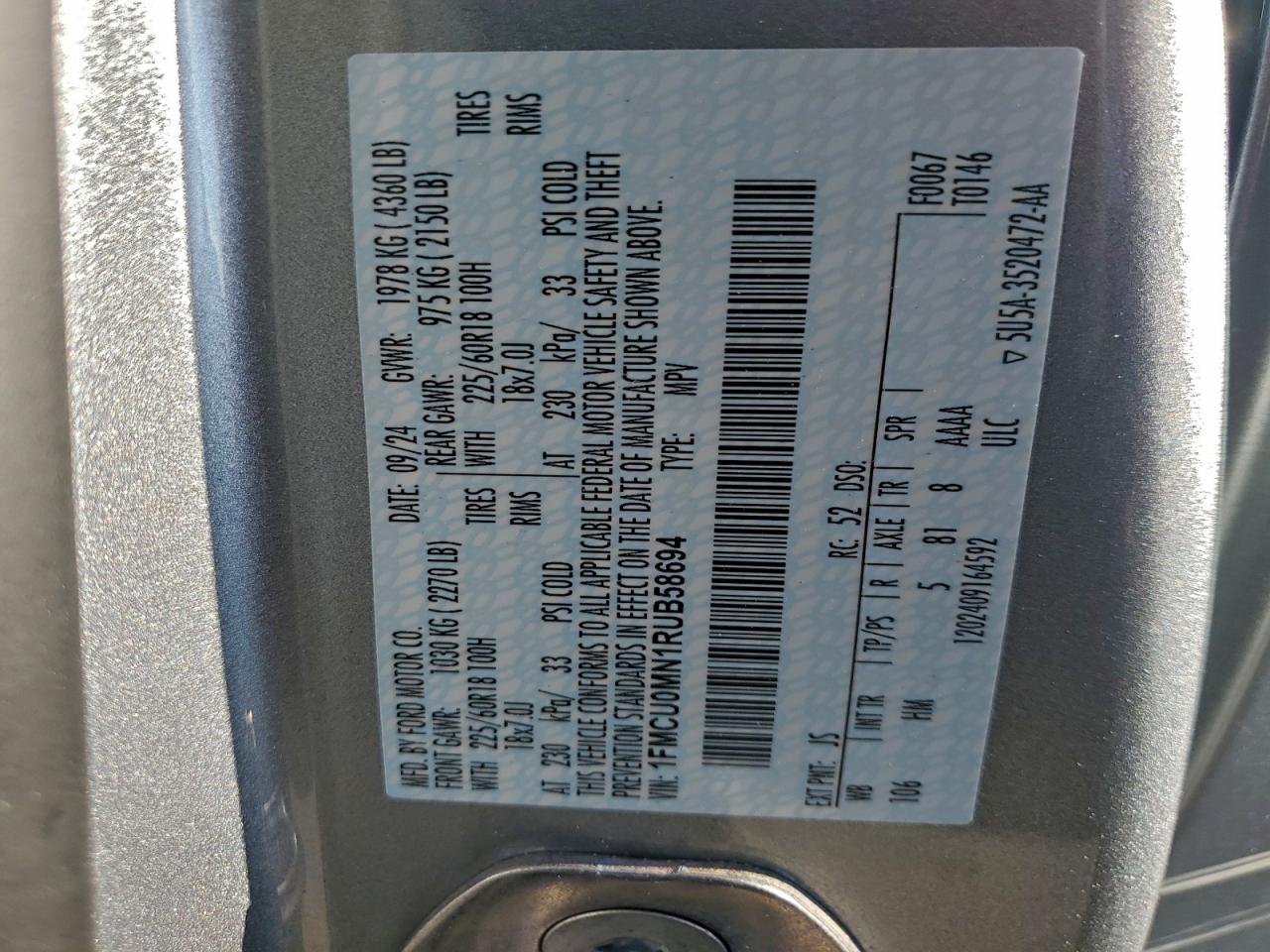 2024 Ford Escape St Line VIN: 1FMCU0MN1RUB58694 Lot: 96870065