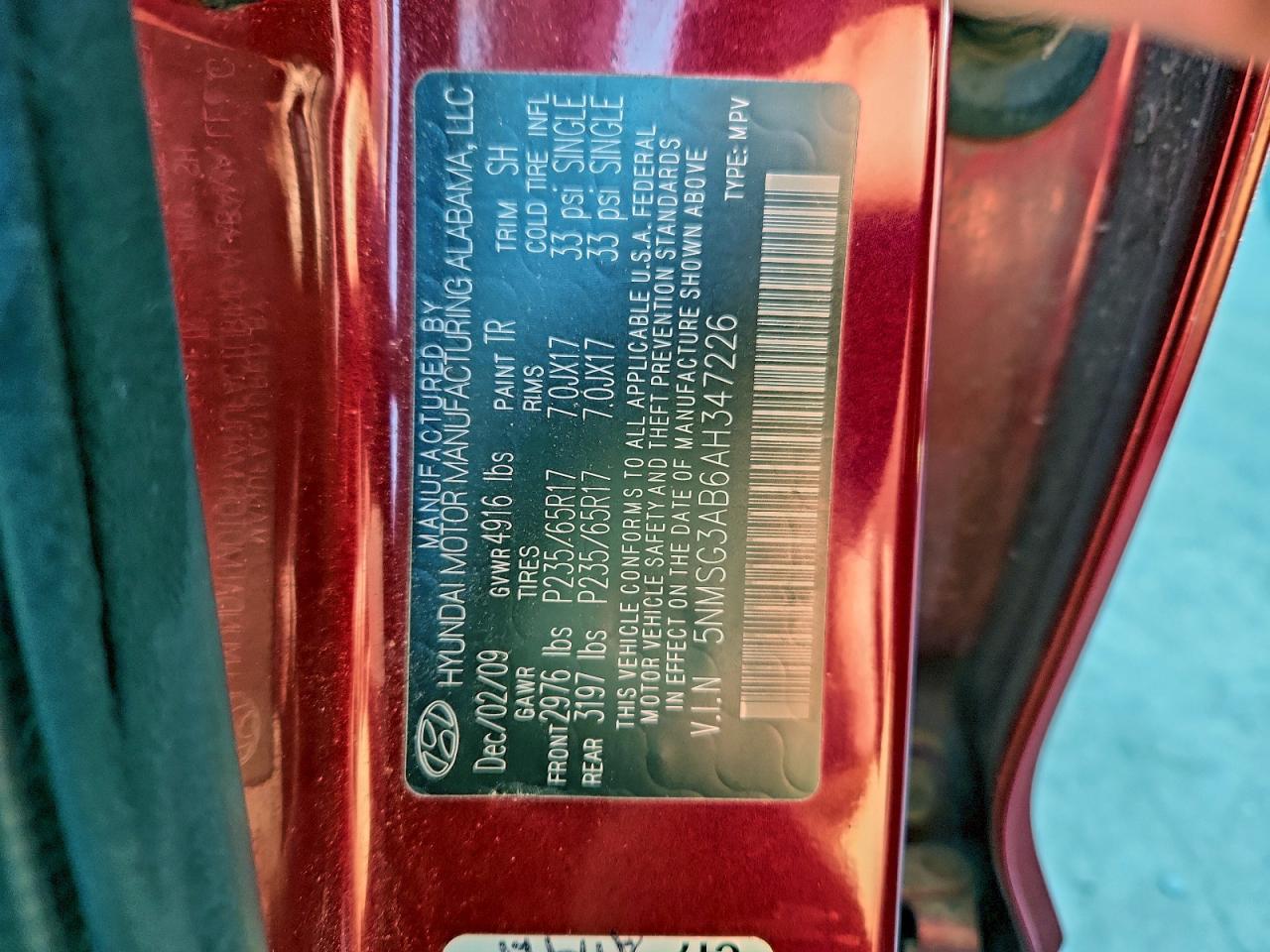 2010 Hyundai Santa Fe Gls VIN: 5NMSG3AB6AH347226 Lot: 98141775