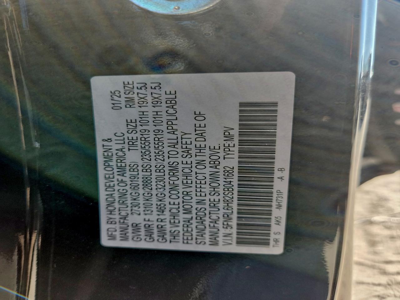 2025 Honda Odyssey Touring VIN: 5FNRL6H82SB041682 Lot: 95674495