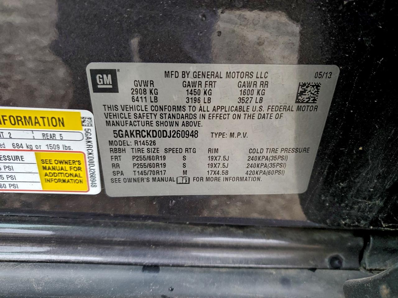 2013 Buick Enclave VIN: 5GAKRCKD0DJ260948 Lot: 95290125