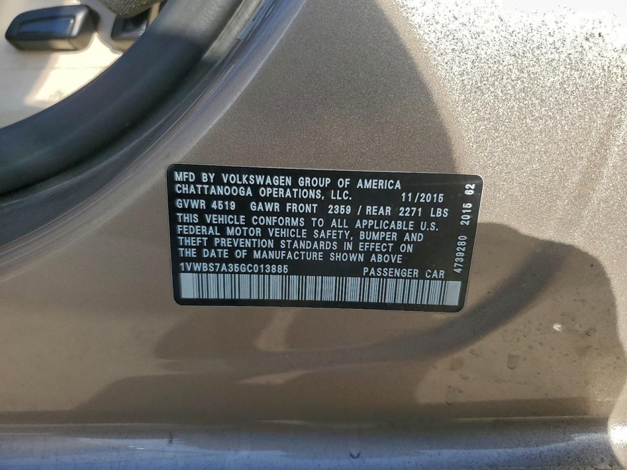 2016 Volkswagen Passat Se VIN: 1VWBS7A35GC013885 Lot: 96762265