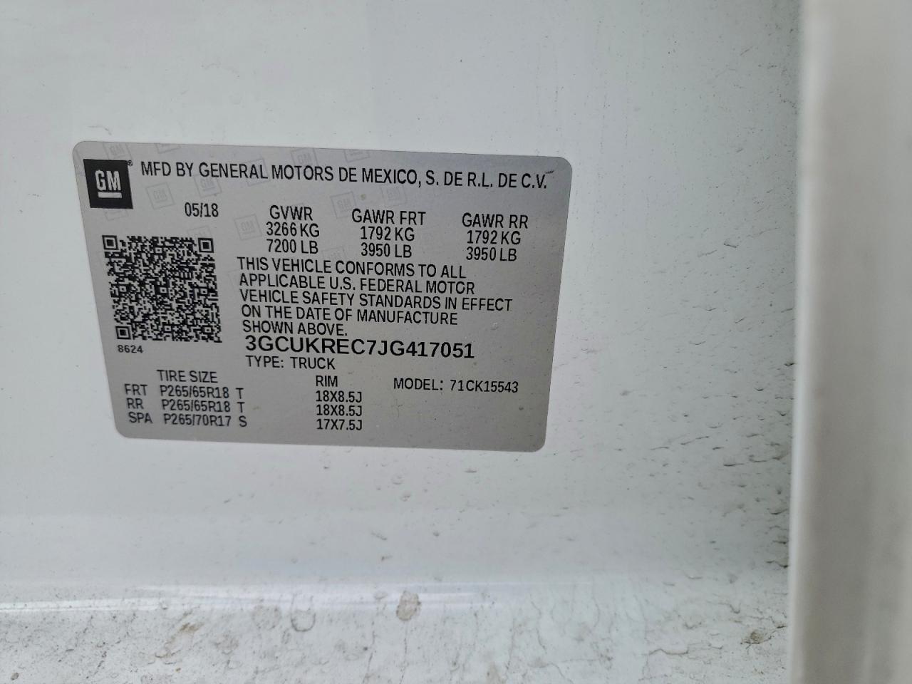 2018 Chevrolet Silverado K1500 Lt VIN: 3GCUKREC7JG417051 Lot: 96117305