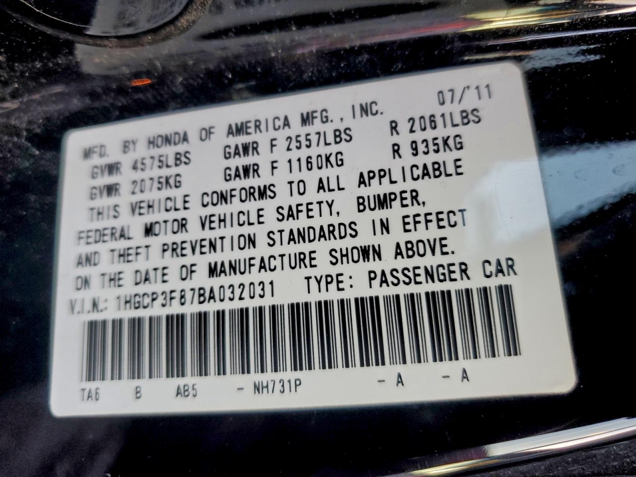 2011 Honda Accord Exl VIN: 1HGCP3F87BA032031 Lot: 94960655