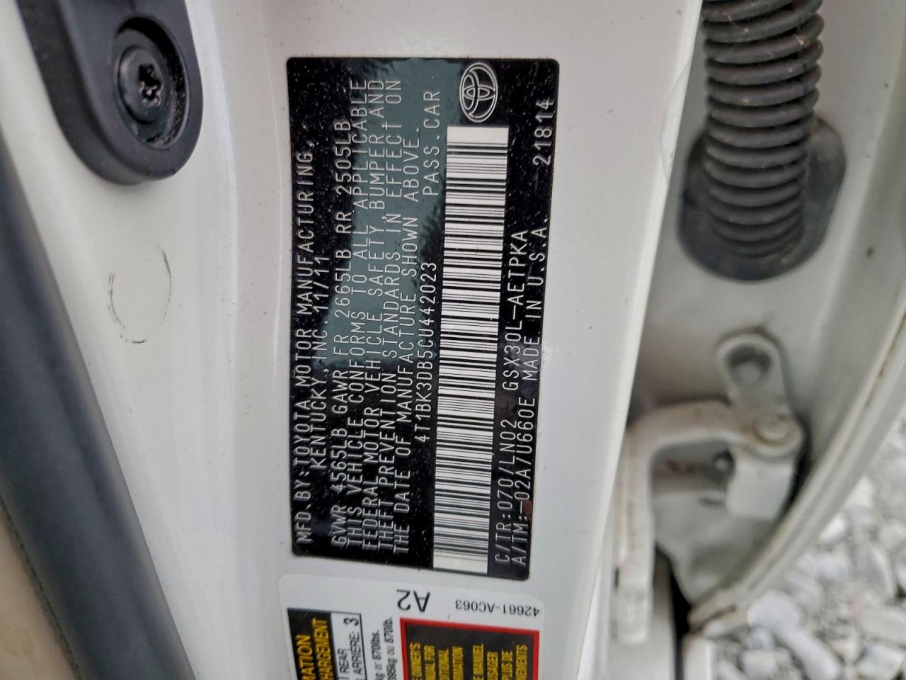 2012 Toyota Avalon Base VIN: 4T1BK3DB5CU442023 Lot: 96338685