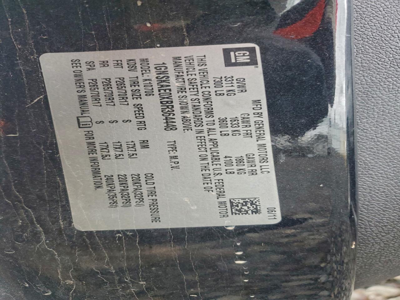 2011 Chevrolet Tahoe K1500 Ls VIN: 1GNSKAE0XBR364448 Lot: 96410485