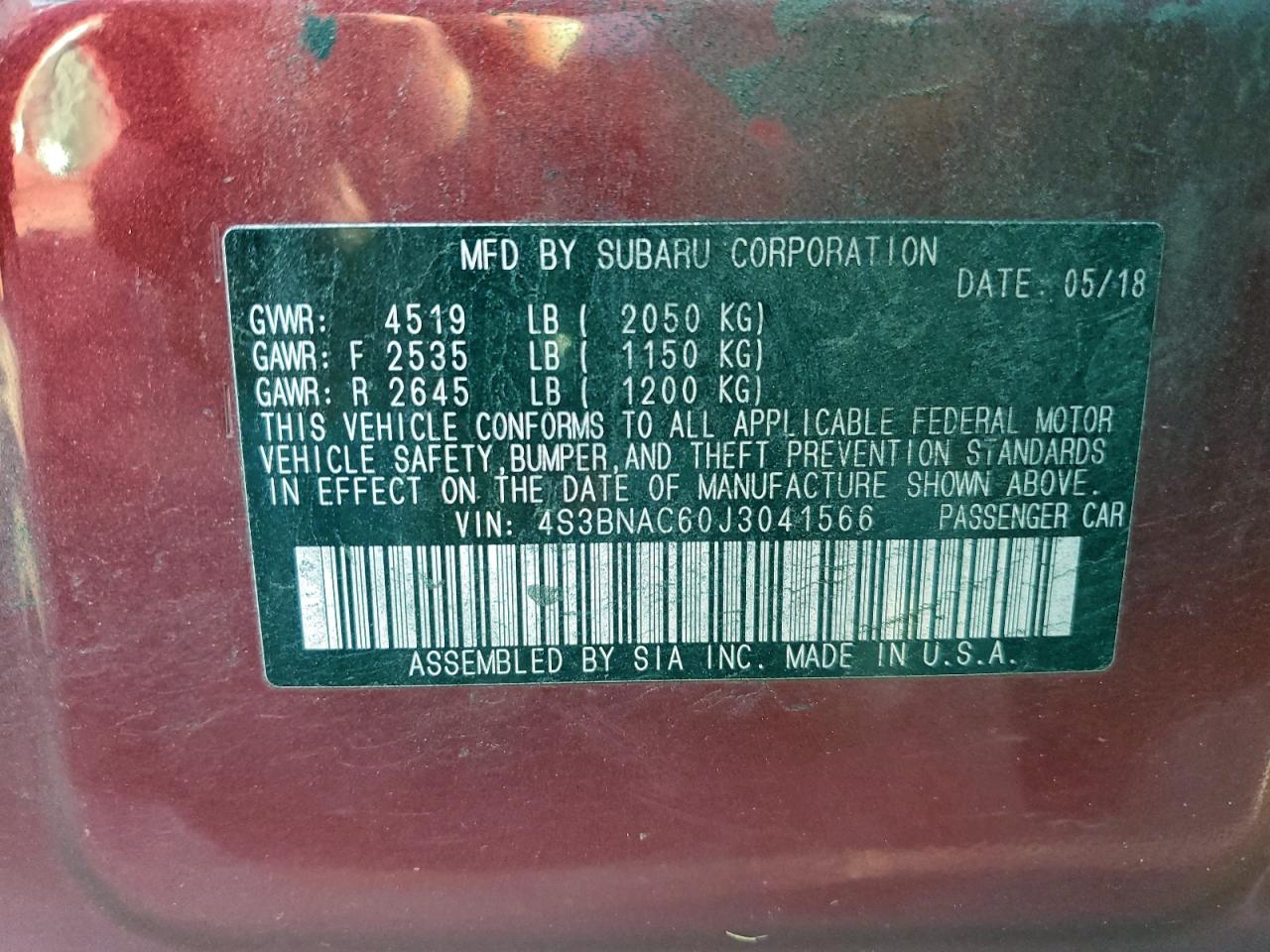 2018 Subaru Legacy 2.5I Premium VIN: 4S3BNAC60J3041566 Lot: 93674605