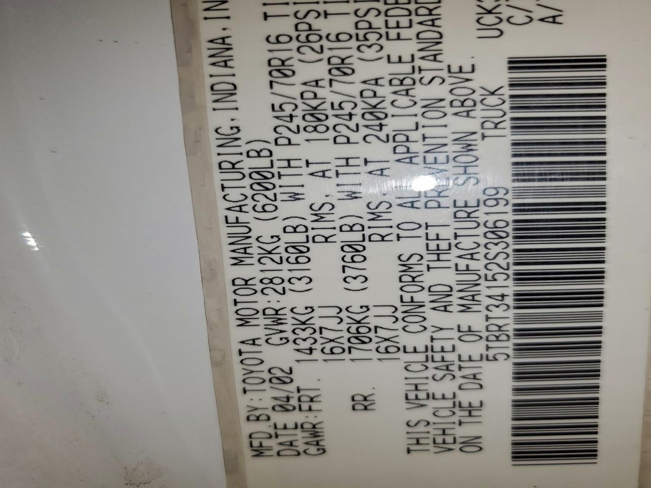 2002 Toyota Tundra Access Cab VIN: 5TBRT34152S306199 Lot: 95794445