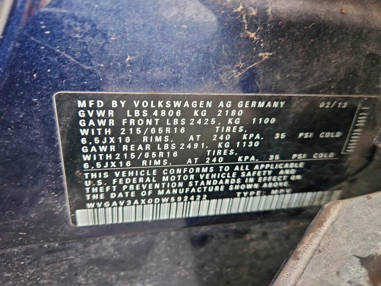 2013 Volkswagen Tiguan S VIN: WVGAV3AX0DW592422 Lot: 95543435