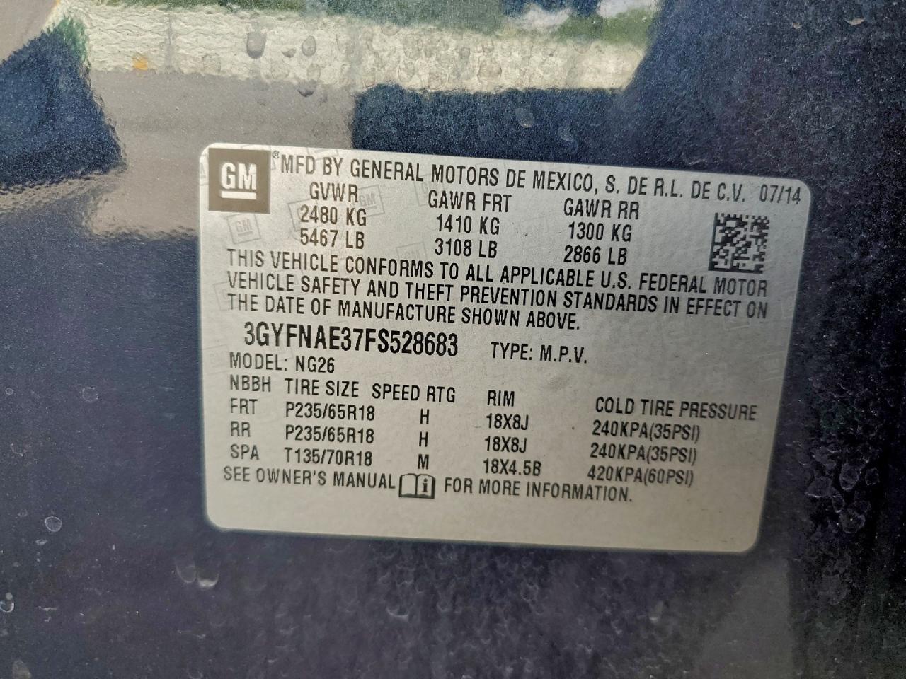 2015 Cadillac Srx VIN: 3GYFNAE37FS528683 Lot: 95347325