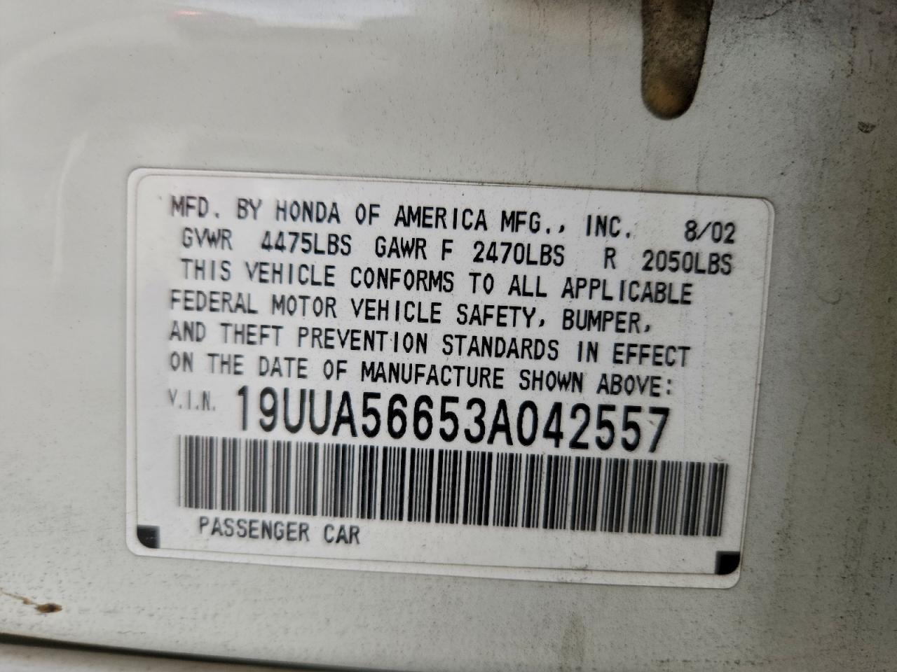2003 Acura 3.2Tl VIN: 19UUA56653A042557 Lot: 96046965