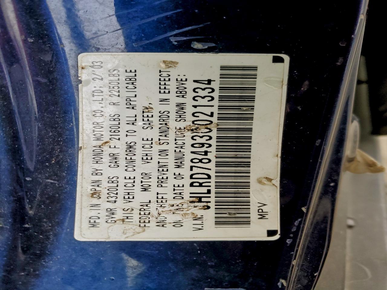 2003 Honda Cr-V Lx VIN: JHLRD78493C021334 Lot: 96811885