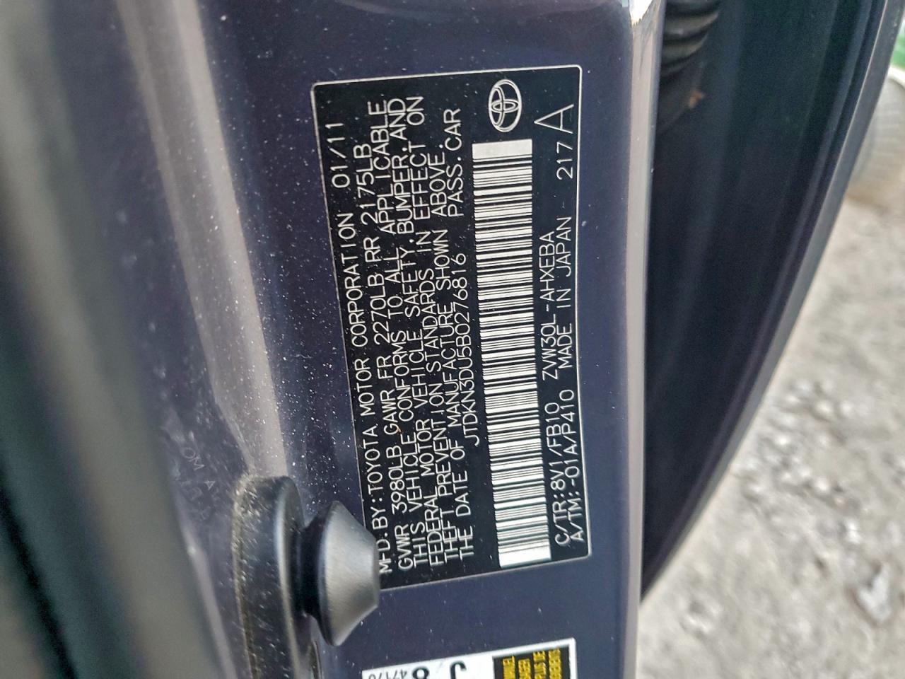 2011 Toyota Prius VIN: JTDKN3DU5B0276816 Lot: 84937605