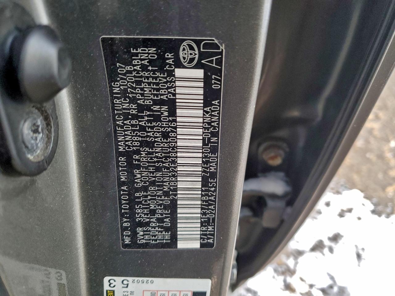 2008 Toyota Corolla Ce VIN: 2T1BR32E38C908761 Lot: 95954425