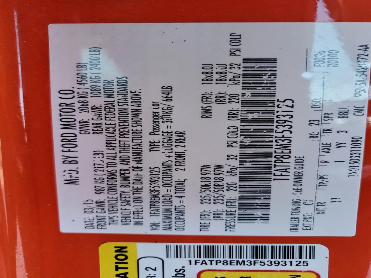 2015 Ford Mustang VIN: 1FATP8EM3F5393125 Lot: 92420415