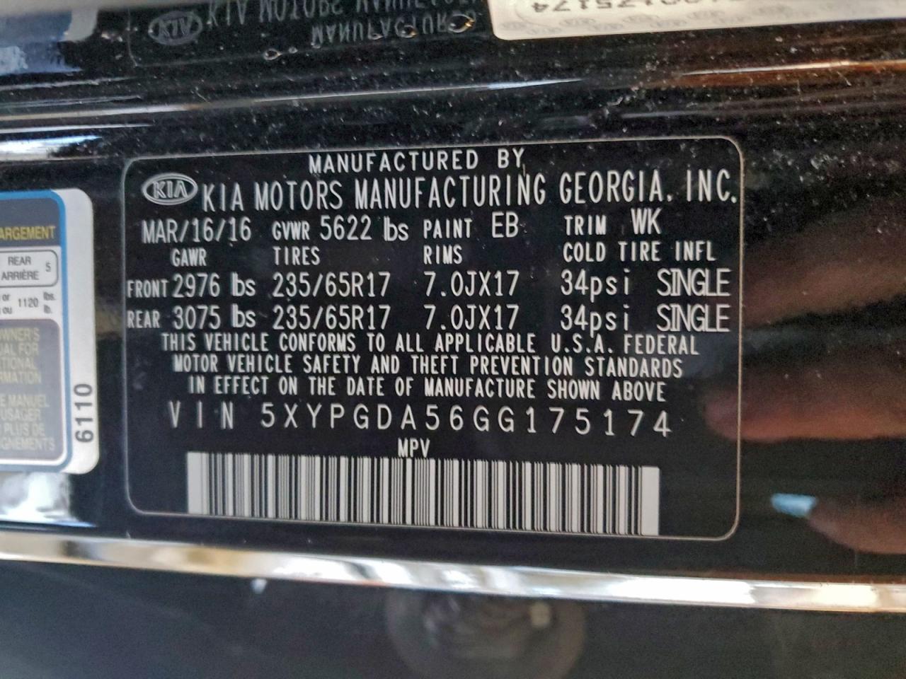 2016 Kia Sorento Lx VIN: 5XYPGDA56GG175174 Lot: 94870955