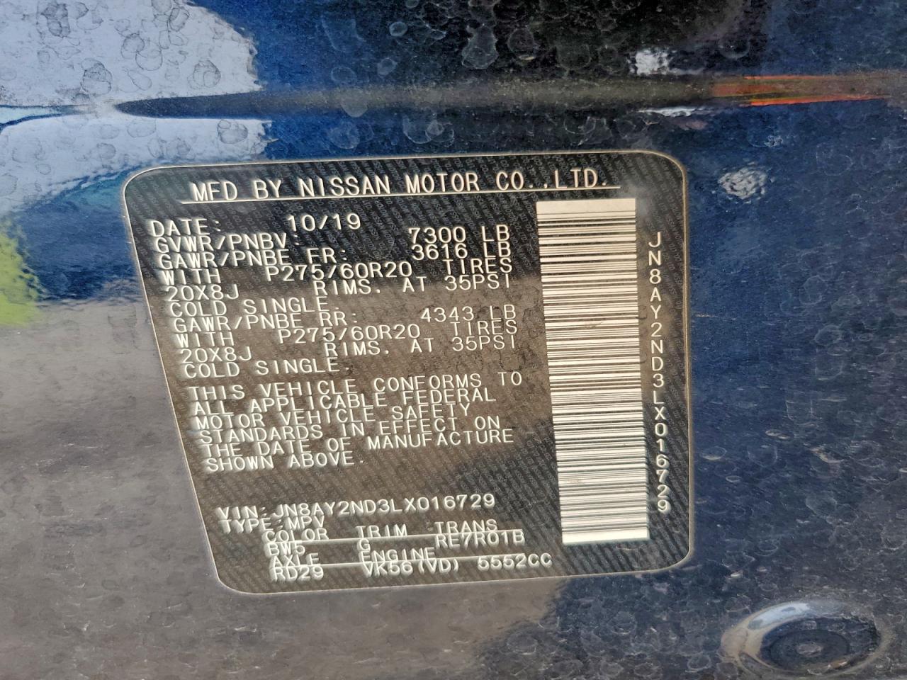 2020 Nissan Armada Sv VIN: JN8AY2ND3LX016729 Lot: 93921675