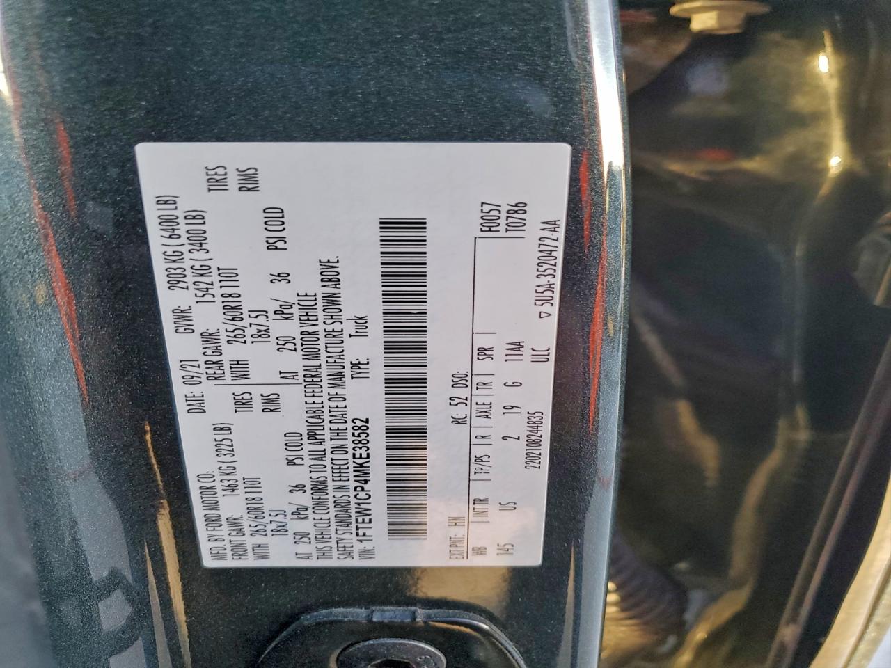 2021 Ford F150 Supercrew VIN: 1FTEW1CP4MKE38582 Lot: 94878075