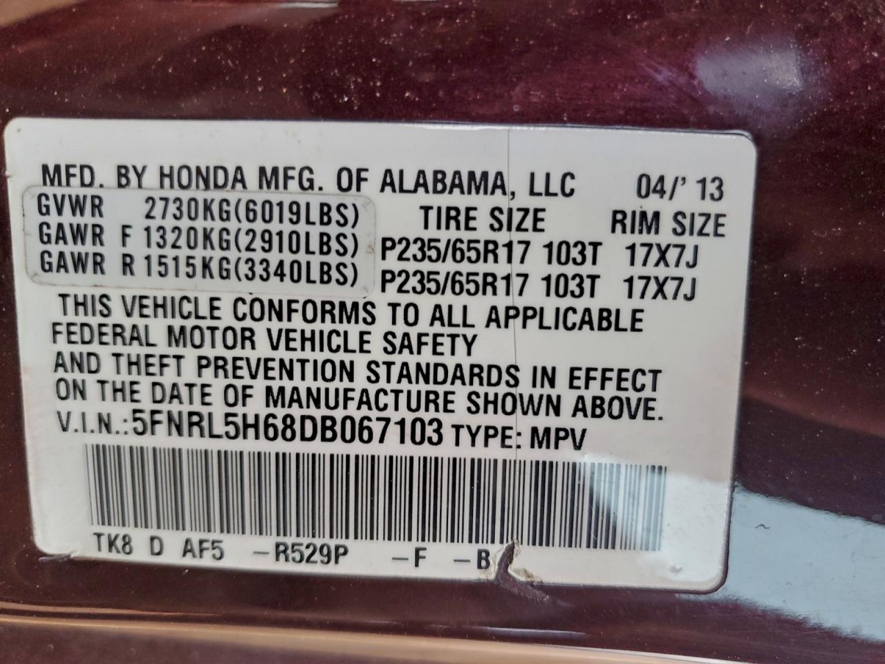 2013 Honda Odyssey Exl VIN: 5FNRL5H68DB067103 Lot: 95245425