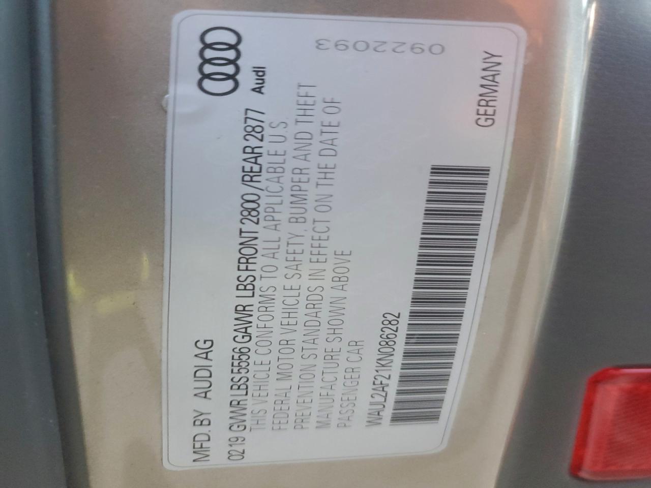 2019 Audi A6 Premium Plus VIN: WAUL2AF21KN086282 Lot: 95304675